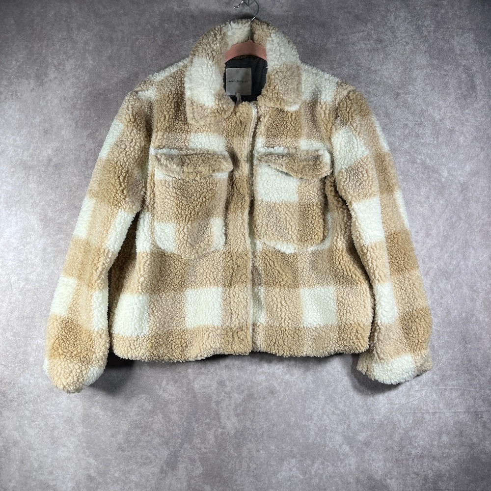 Avec Les Filles Plaid Faux Fur Teddy Trucker Shacket Womens M Tan White Plaid